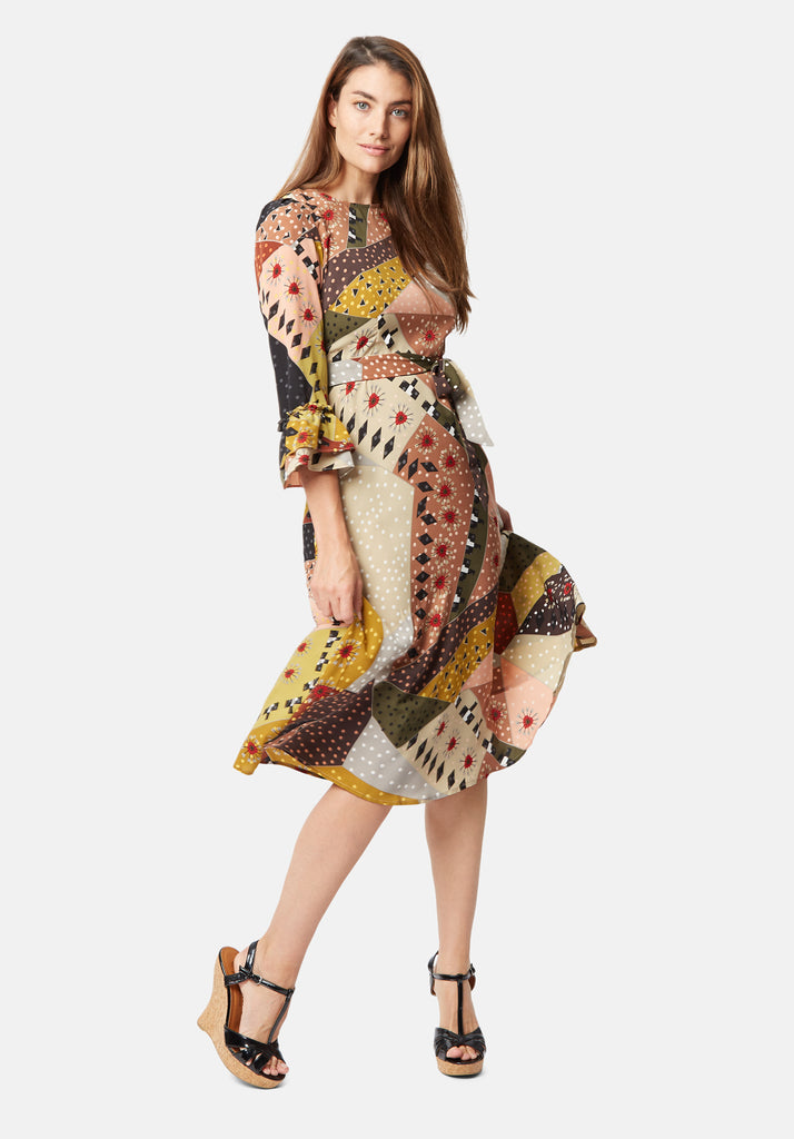 Traffic People Frill Printed Midi Dress in Multicolour Front View Image