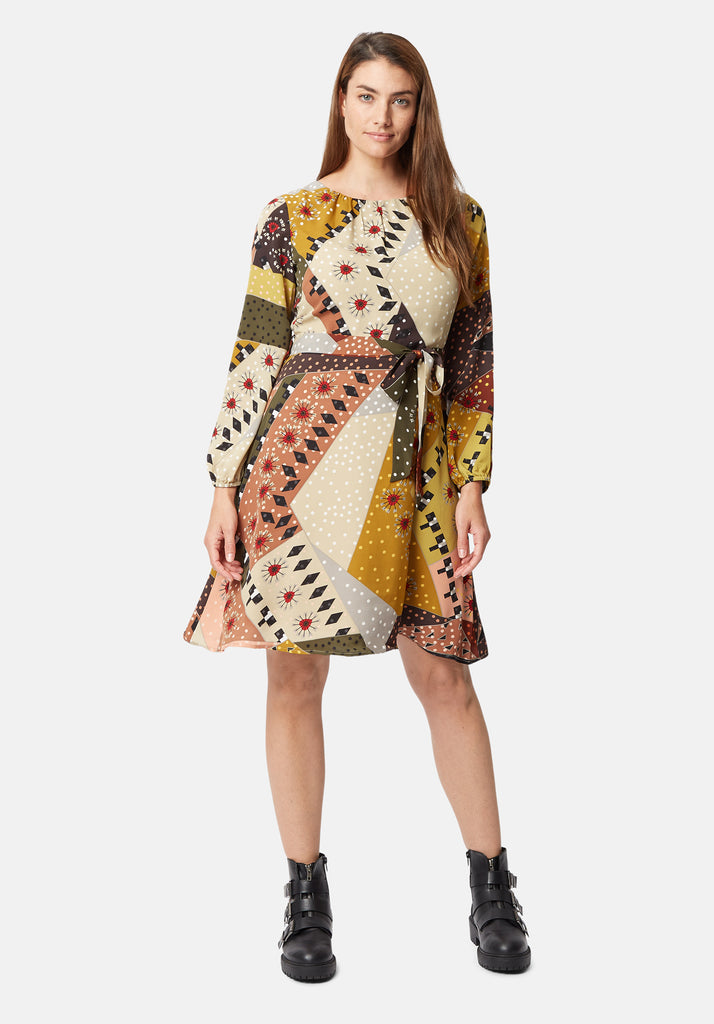 Traffic People Long Sleeve Mini Cusp Dress in Patchwork Print Front View Image