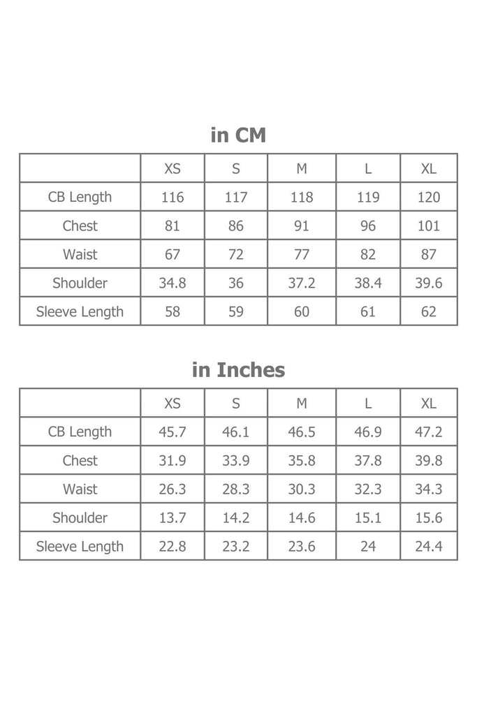 Full Sizing Information for Dress in Centimetres and Inches