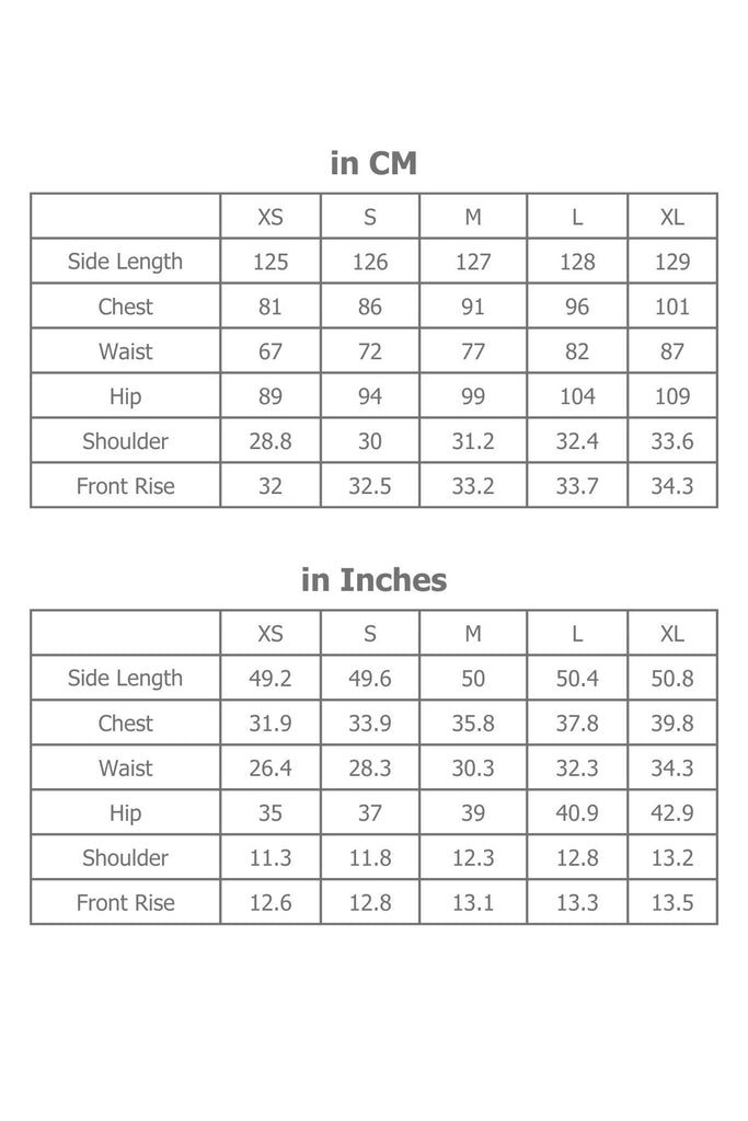 Full Sizing Information for Women's Jumpsuit in Centimetres and Inches