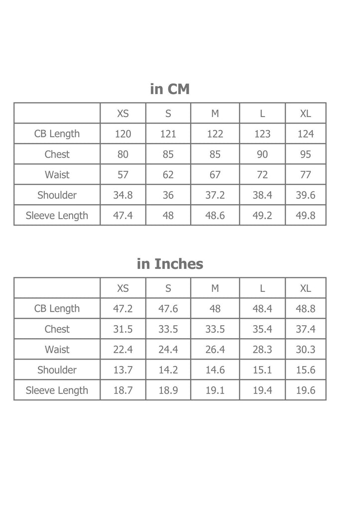 Full Sizing Chart for Dress in Centimetres and Inches