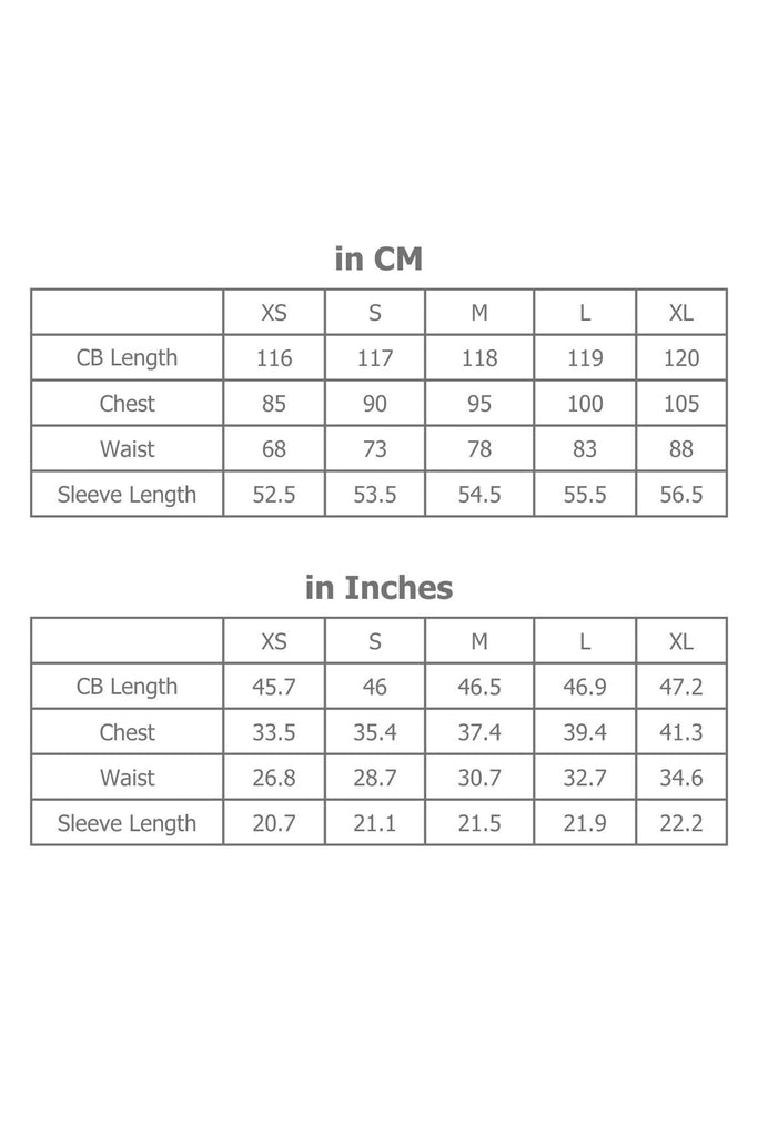 Full Sizing Information for Dress in Centimetres and Inches