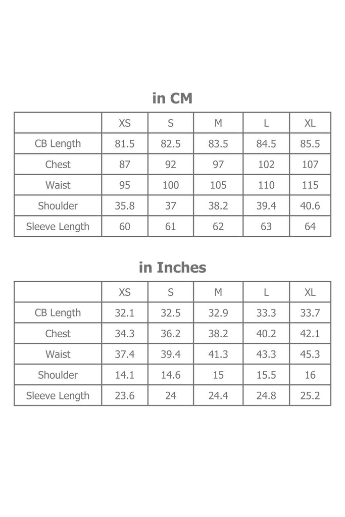 Full Sizing Information for Mini Dress in Centimetres and Inches