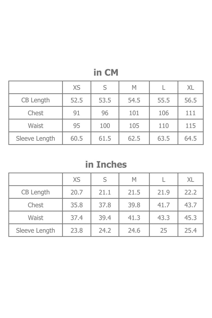 Full Sizing Information for Women's Shirt in Centimetres and Inches