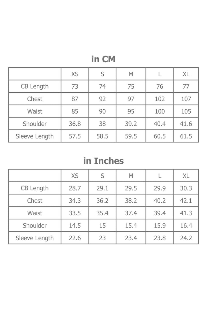 Full Sizing Information for Women's Jacket in Centimetres and Inches