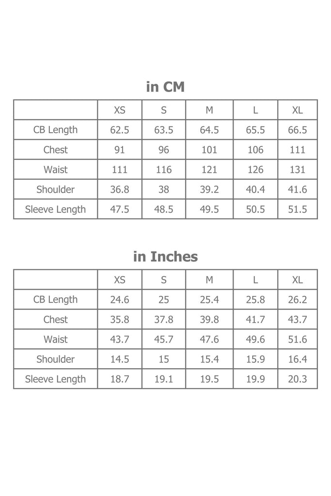 Full Sizing Information for Women's Shirt in Centimetres and Inches