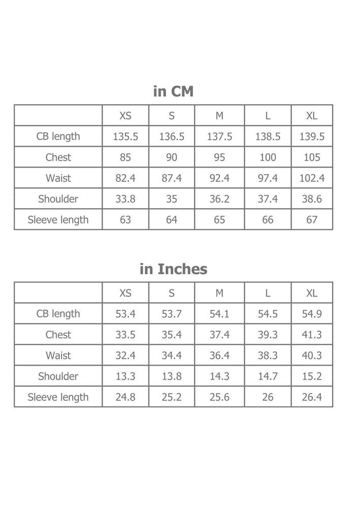 Full Sizing Information for Maxi Dress in Centimetres and Inches