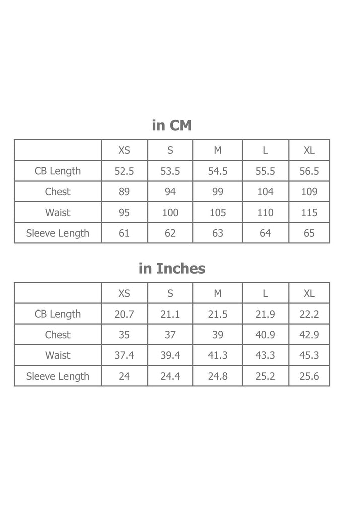 Full Sizing Information for Women's Blouse in Centimetres and Inches