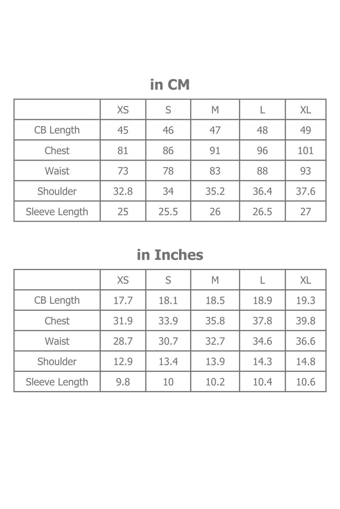 Full Sizing Information for Women's Top in Centimetres