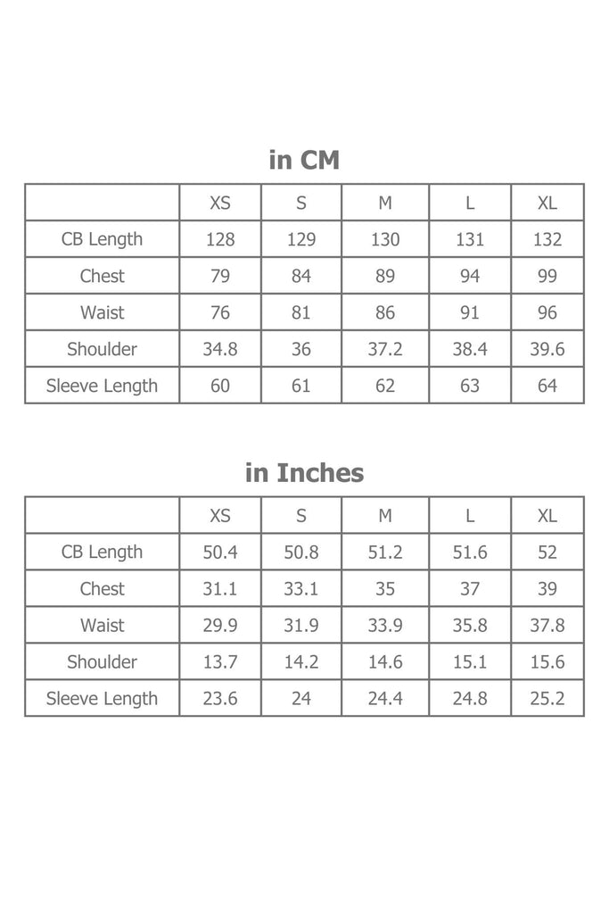 Full Sizing Information for Dress in Centimetres and Inches