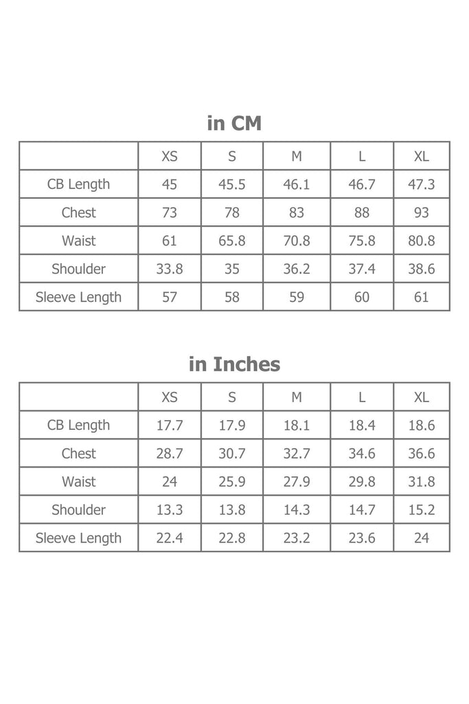 Full Sizing Information for Women's Top in Centimetres and Inches