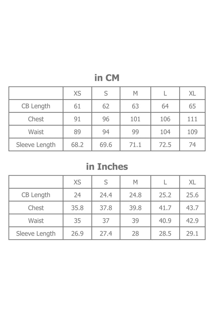 Full Sizing Information for Women's Blouse in Centimetres and Inches