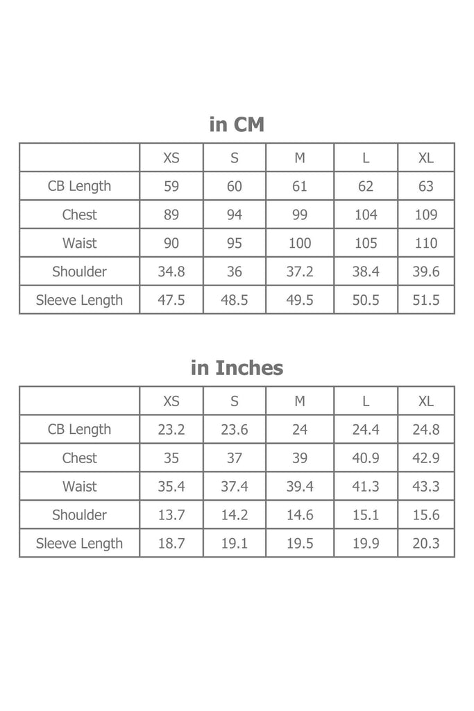 Full Sizing Information for Women's Top in Centimetres and Inches