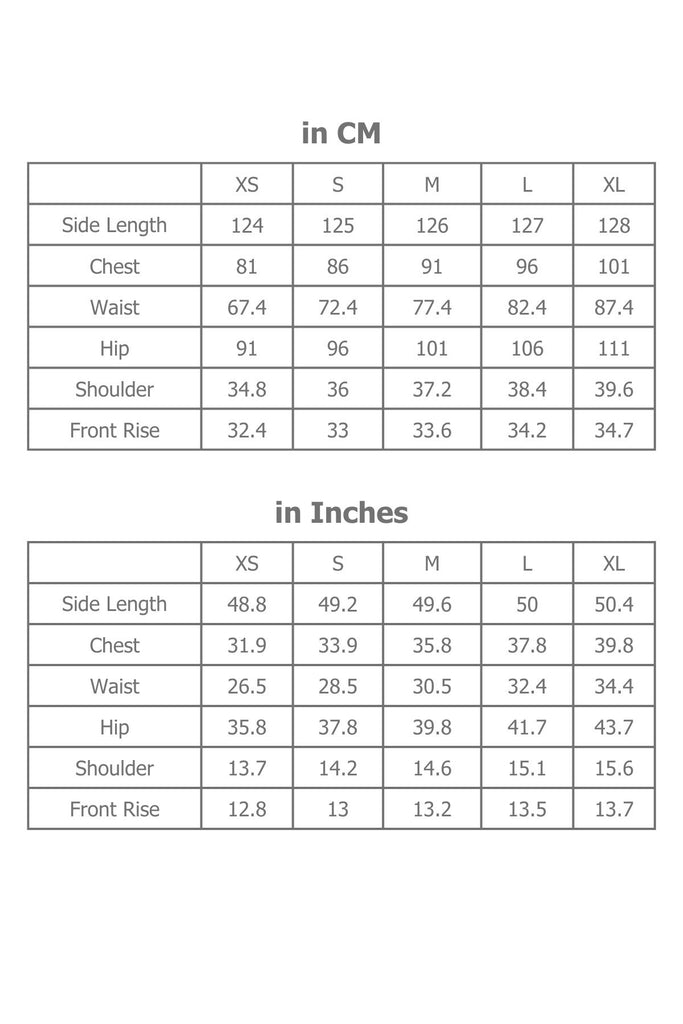 Full Sizing Information for Women's Jumpsuit in Centimetres and Inches