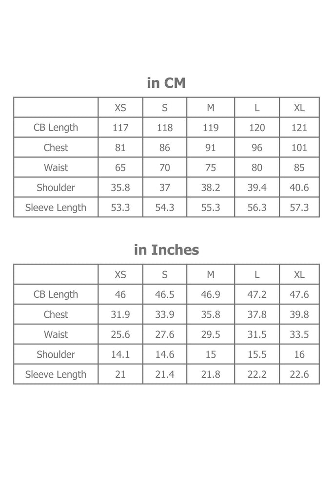 Full Sizing Information for Dress in Centimetres and Inches