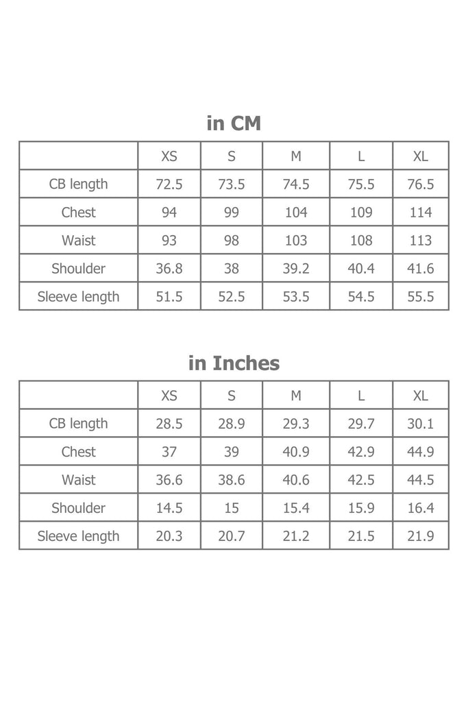 Full Sizing Information for Women's Blazer in Centimetres and Inches