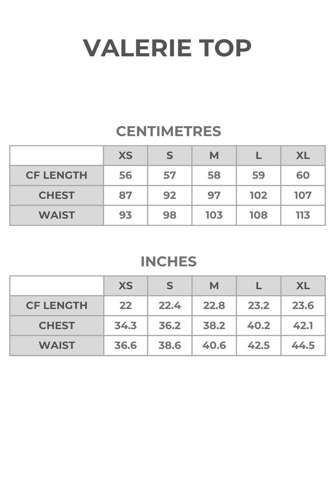 Full sizing chart for glittery vest top in centimetres and inches.