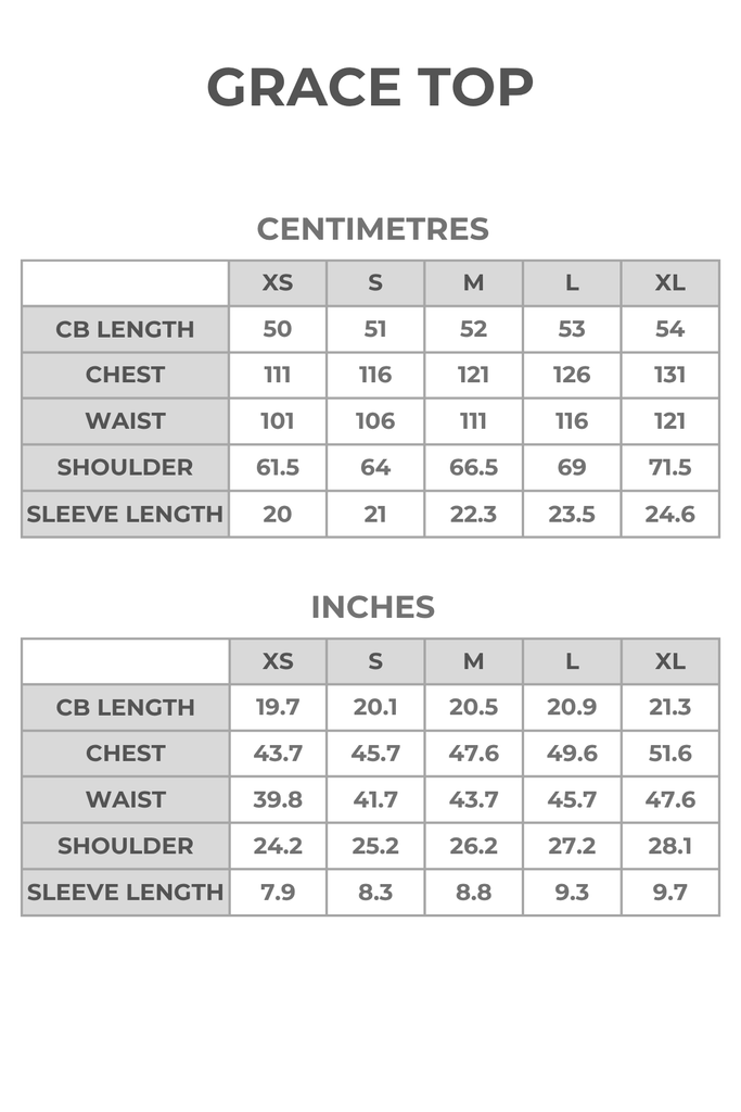 Full sizing chart for glittery short sleeve top in centimetres and inches.
