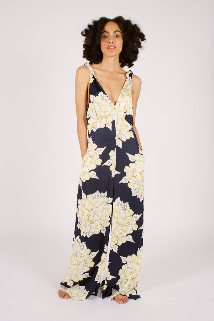 Another Front Model Shot of Navy Blue and Cream Floral Tie trap Wide Leg Women's Jumpsuit.
