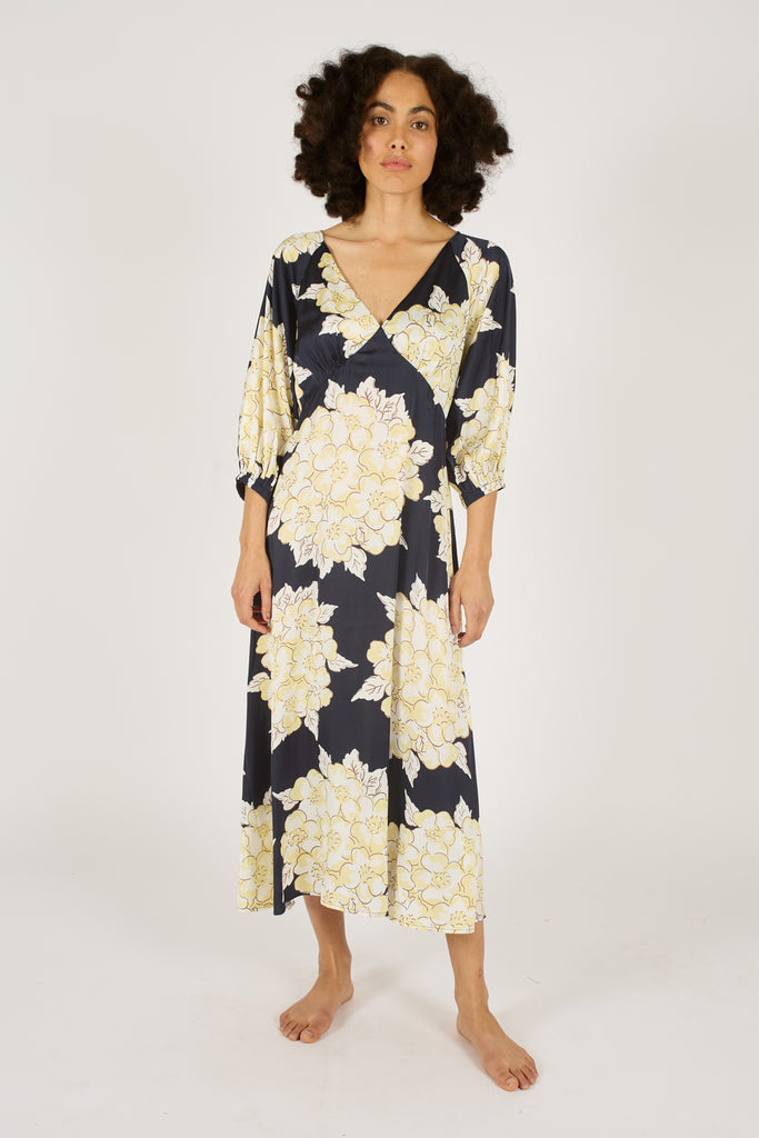 Another Front Model Shot of Navy Blue and Cream Floral V-Neck Three Quarter Sleeve Midi Dress.