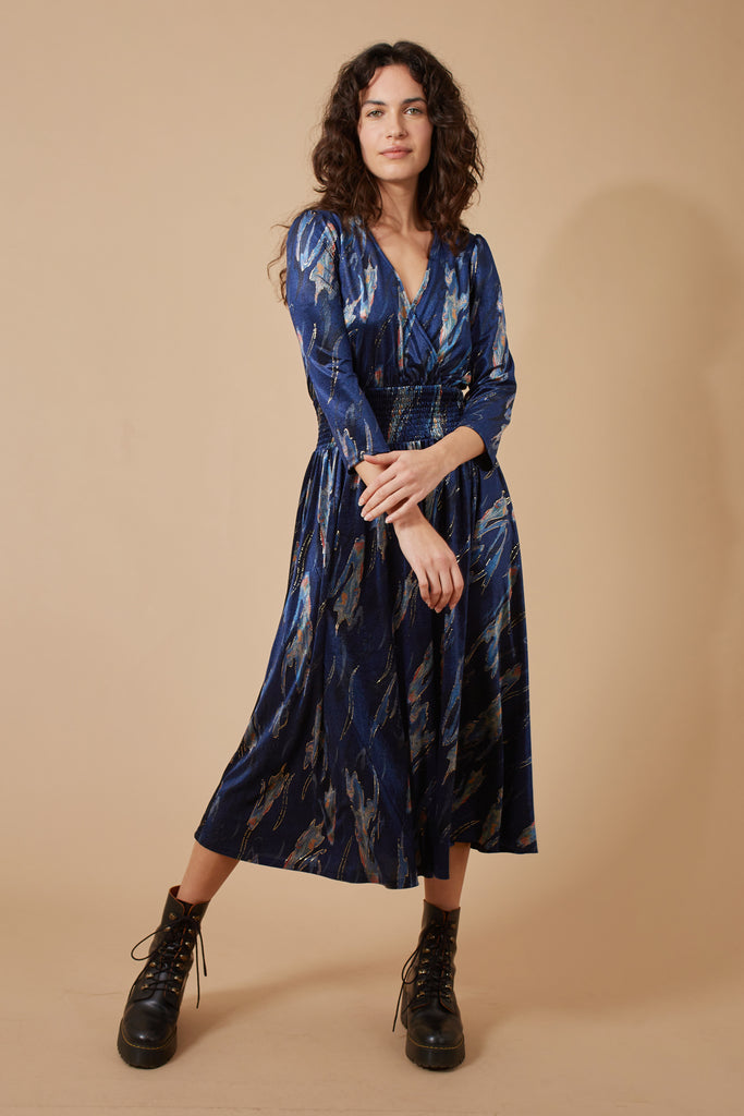 Blue Midi Dress with Metallic Print Three Quarter Length Sleeves and Elasticated Waist Front Model Shot