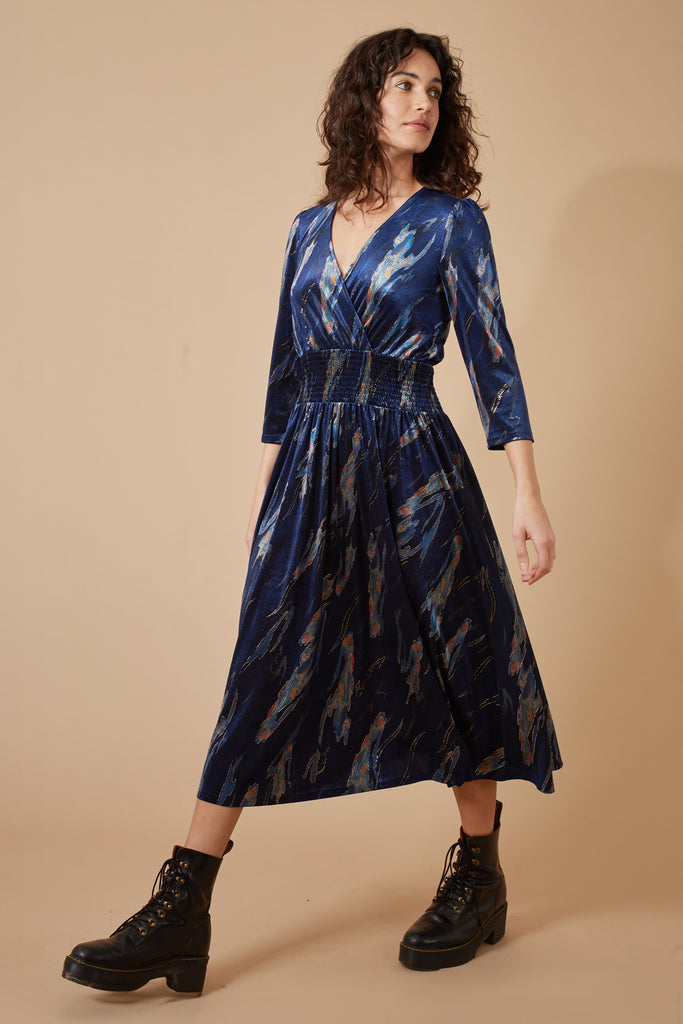 Blue Midi Dress with Metallic Print Three Quarter Length Sleeves and Elasticated Waist Side Model Shot