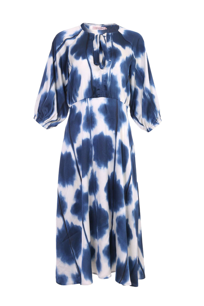 Invisible Mannequin Shot of Blue and White Print Tie Neck 3/4 Sleeve Skater Style Midi Dress