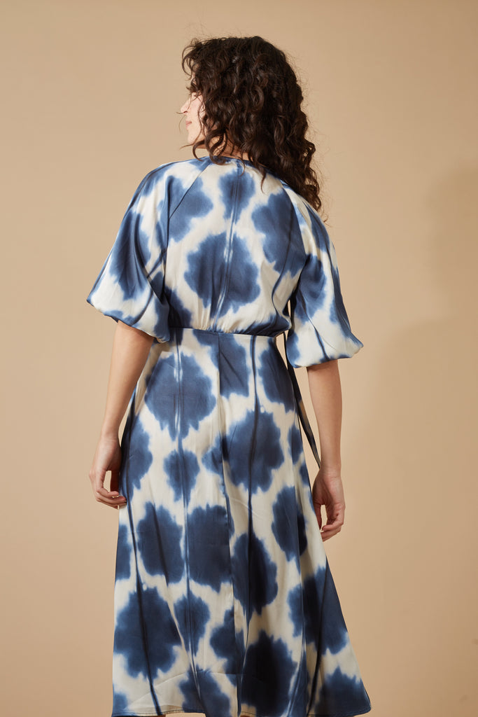 Blue and White Print Tie Neck 3/4 Sleeve Skater Style Midi Dress Back Model Shot