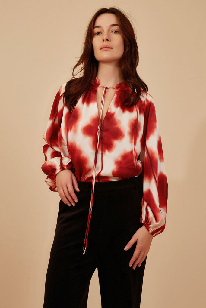 Red and White Print Tie Neck Long Sleeve Women's Blouse Close Up Front Model Shot