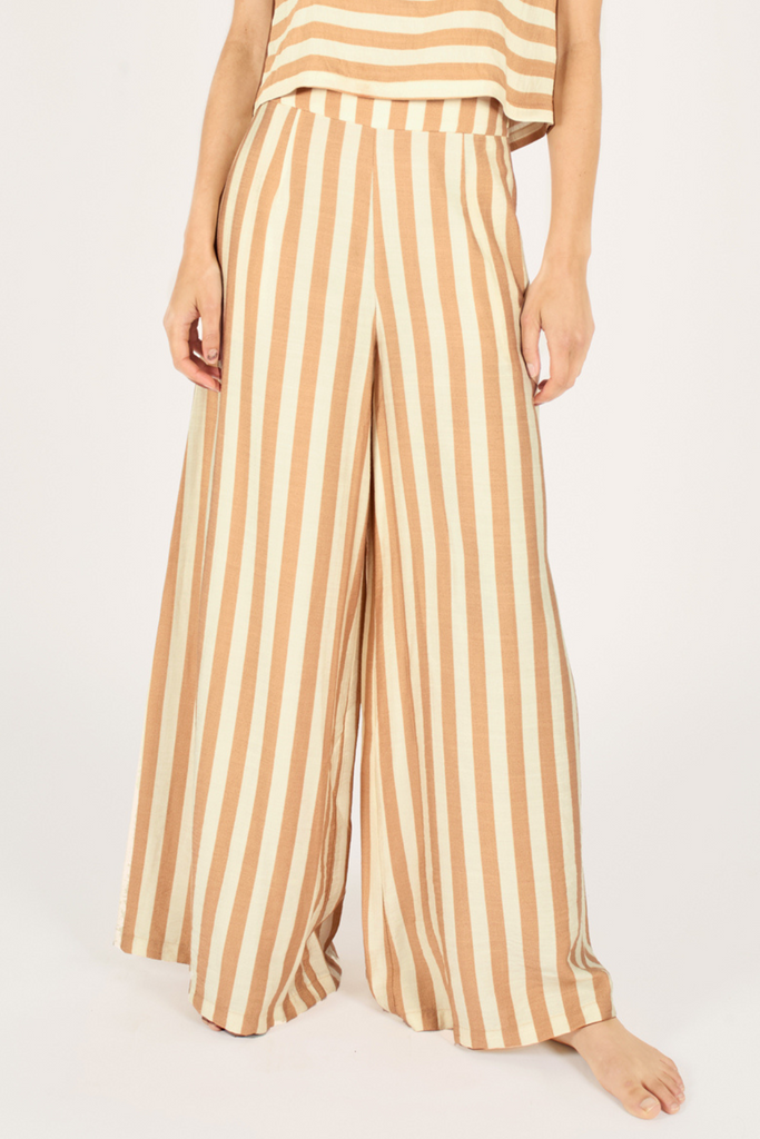 Close Up Front Model Shot of Brown and Cream Vertical Striped Wide Leg Women's Trousers