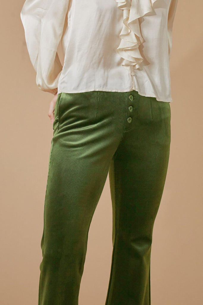 Green Corduroy Button Up Cropped Ankle Length Women's Trousers Close Up Front Model Shot 2