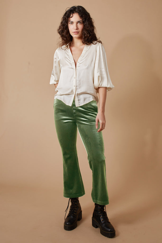 Green Corduroy Button Up Cropped Ankle Length Women's Trousers Front Model Shot