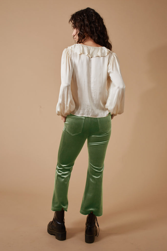 Green Corduroy Button Up Cropped Ankle Length Women's Trousers Back Model Shot