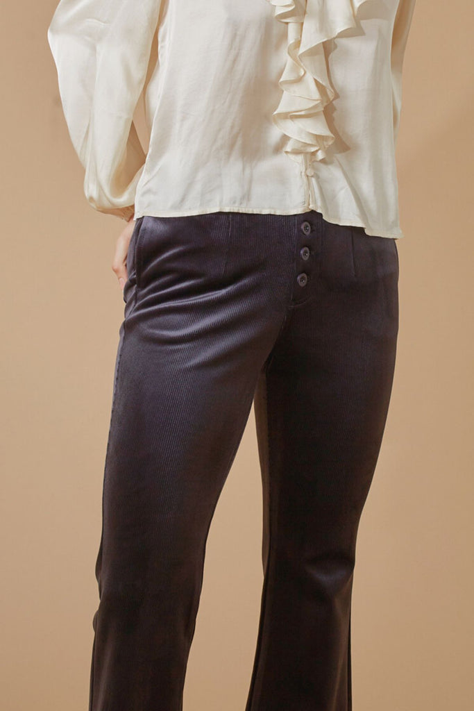 Dark Grey Corduroy Button Up Cropped Ankle Length Women's Trousers Close Up Front Model Shot 2