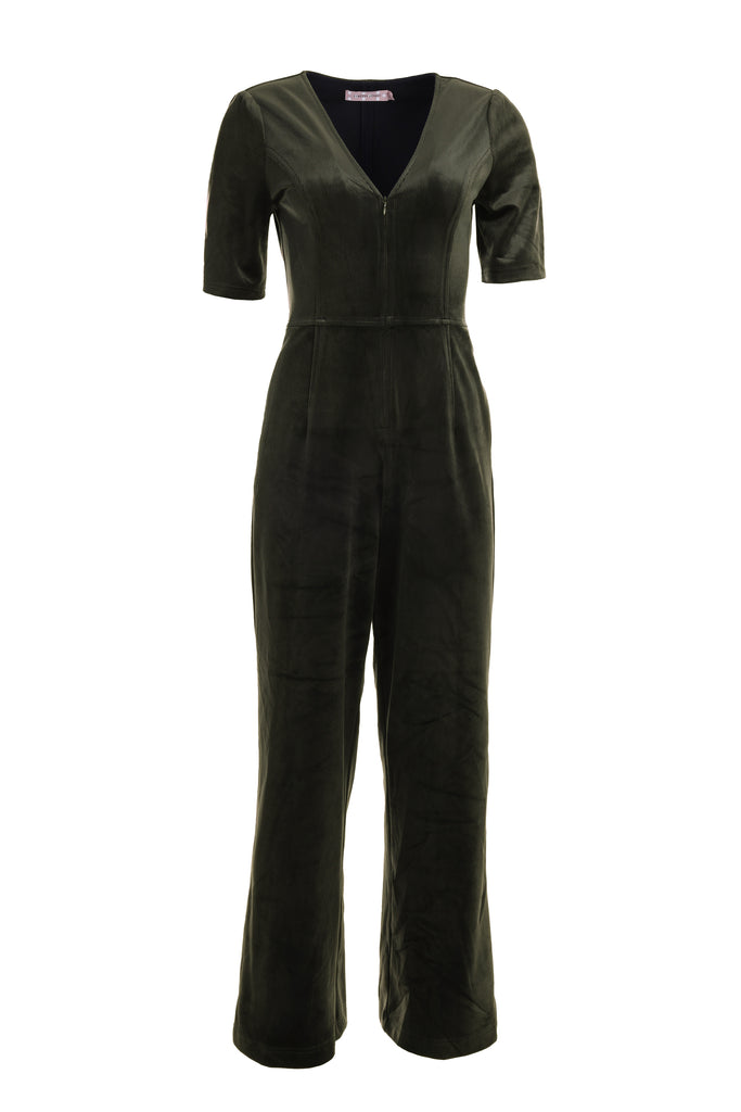 Invisible Mannequin Shot of Black Corduroy Short Sleeve V Neck Zip Front Women's Jumpsuit