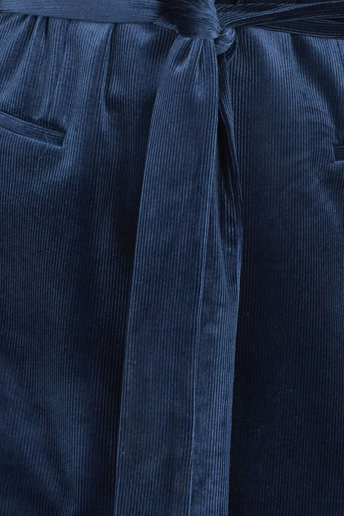 Close Up of Navy Blue Corduroy Women's Jumpsuit Fabric