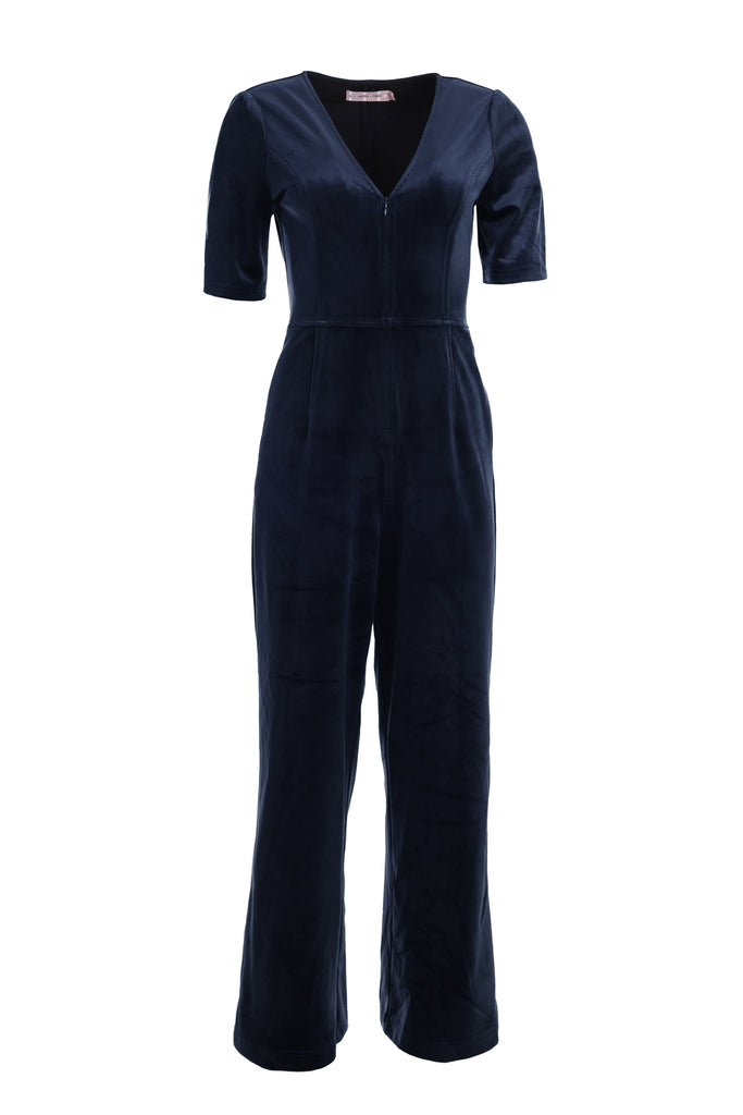 Invisible Mannequin Shot of Navy Blue Corduroy Short Sleeve V Neck Women's Jumpsuit