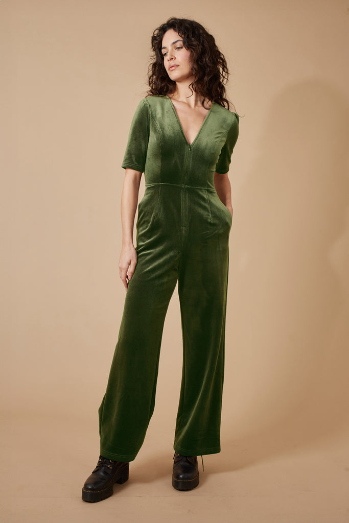 Green Corduroy Short Sleeve V Neck Women's Jumpsuit Front Model Shot