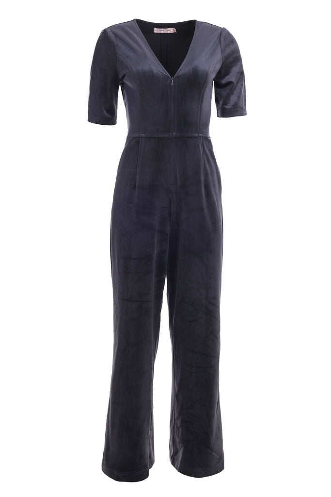 Invisible Mannequin Shot of Dark Grey Corduroy Short Sleeve V Neck Women's Jumpsuit