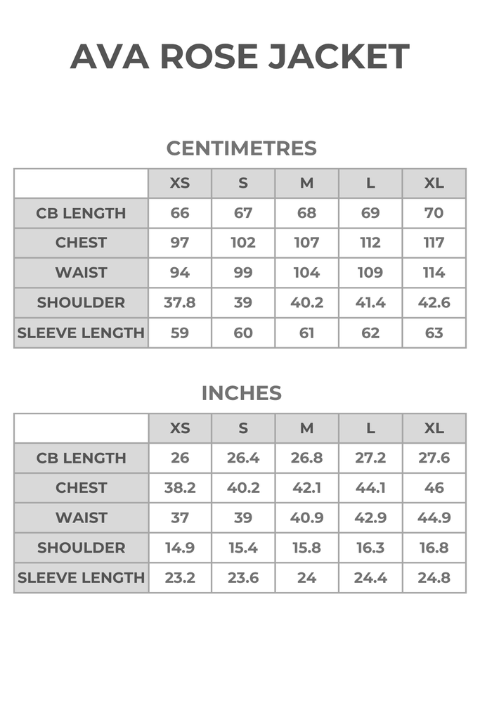 Full sizing chart for cord jacket in centimetres and inches.