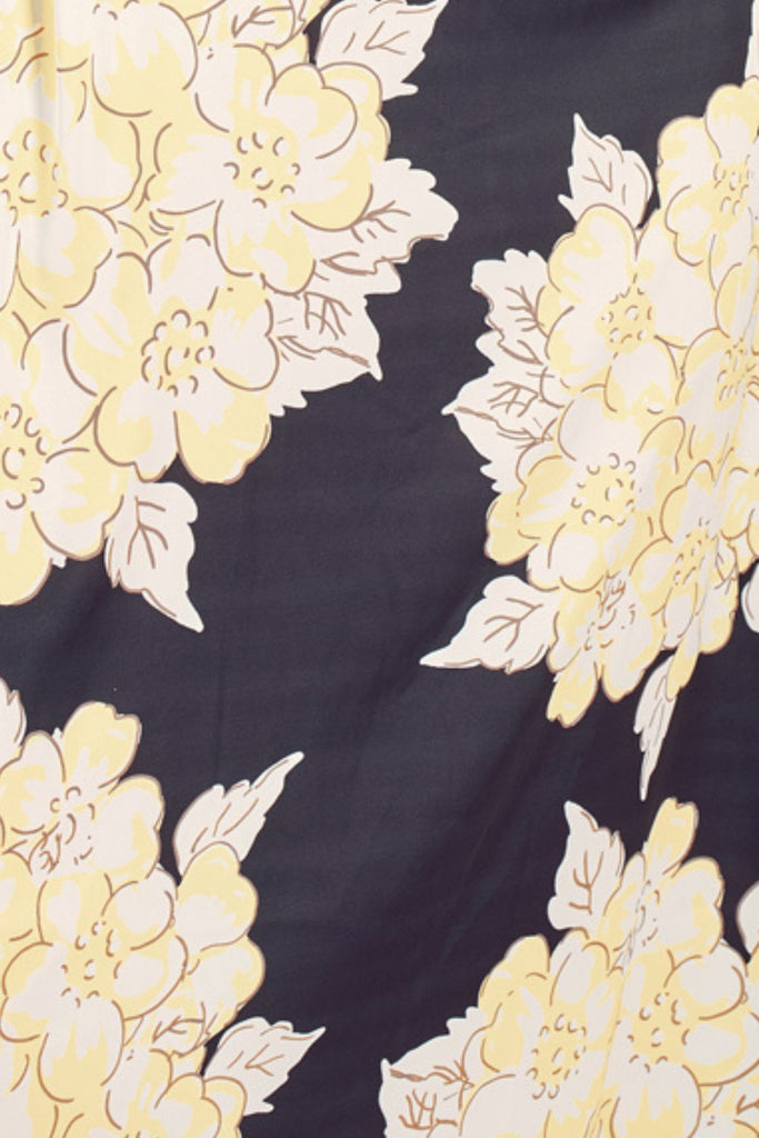 Close Up of Navy Blue and Cream Floral V-Neck Three Quarter Sleeve Midi Dress Fabric.