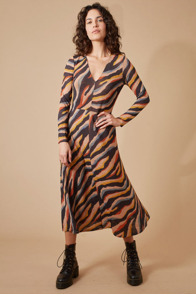 Zebra Print Multicolour Glittery Long Sleeve V Neck Midi Dress Front Model Shot