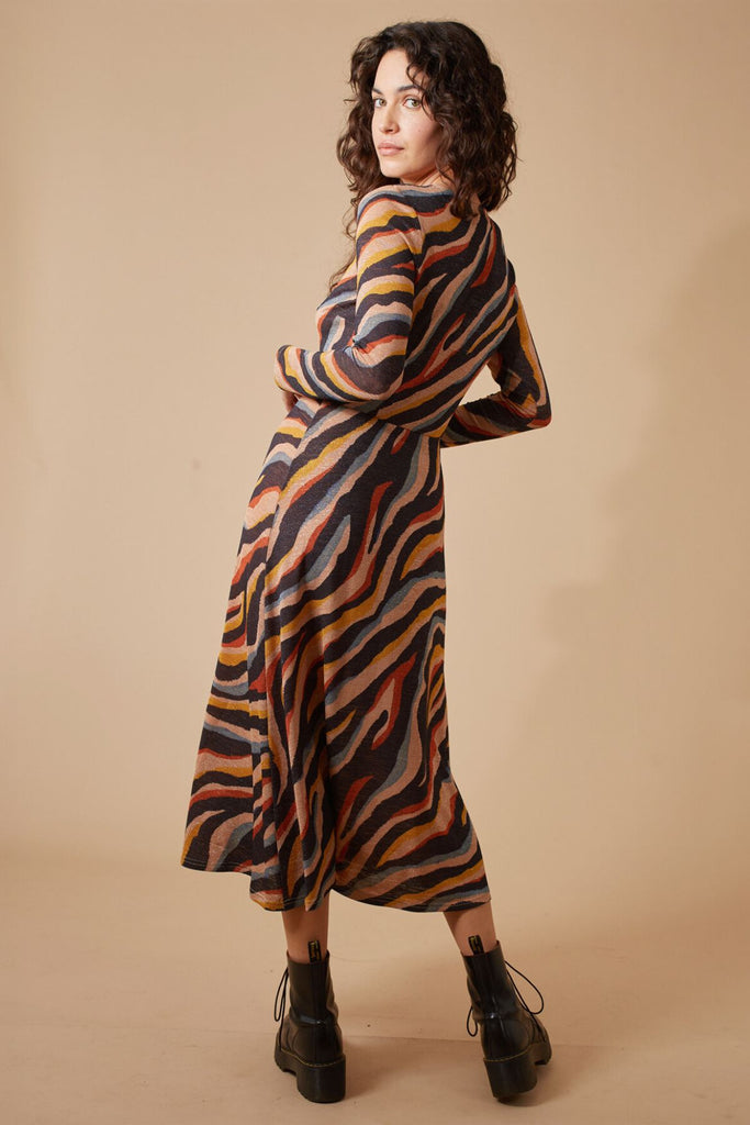 Zebra Print Multicolour Glittery Long Sleeve V Neck Midi Dress Back Model Shot