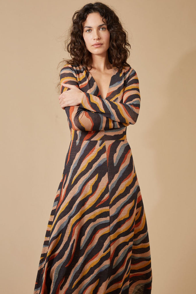 Zebra Print Multicolour Glittery Long Sleeve V Neck Midi Dress Close Up Front Model Shot