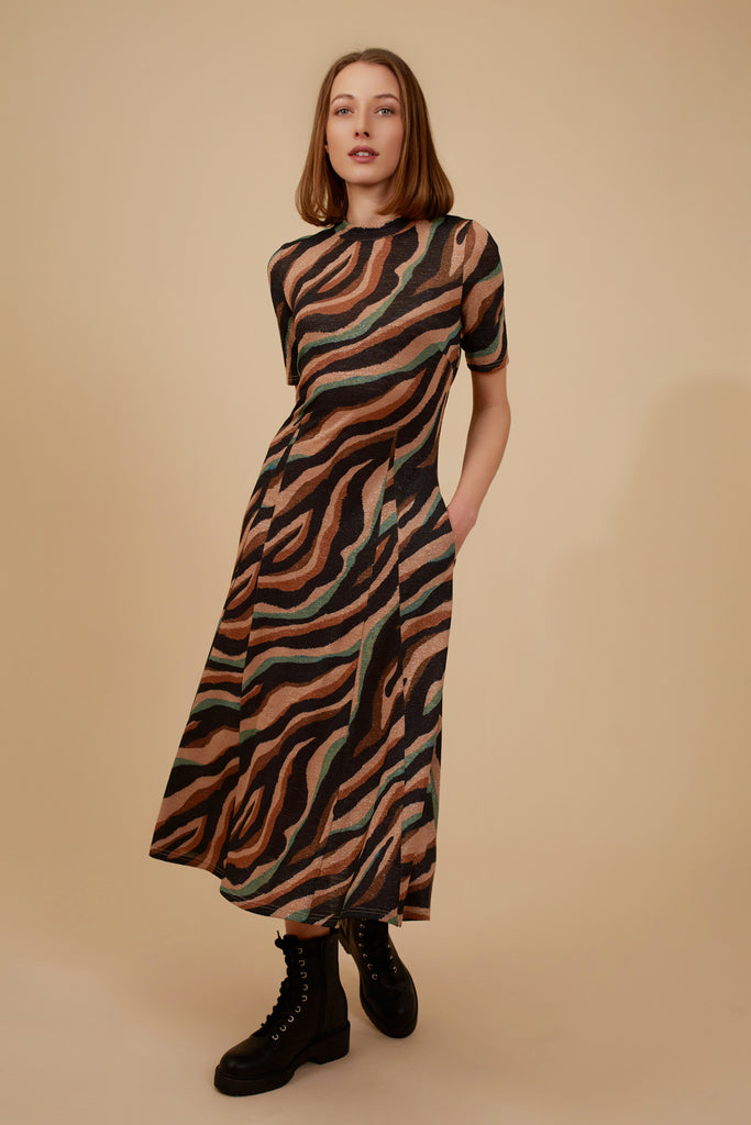 Zebra Print Brown and Blue Glittery Short Sleeve High Neck Midi Dress Front Model Shot