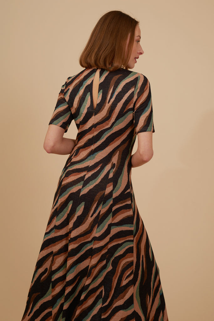 Zebra Print Brown and Blue Glittery Short Sleeve High Neck Midi Dress Close Up Back Model Shot