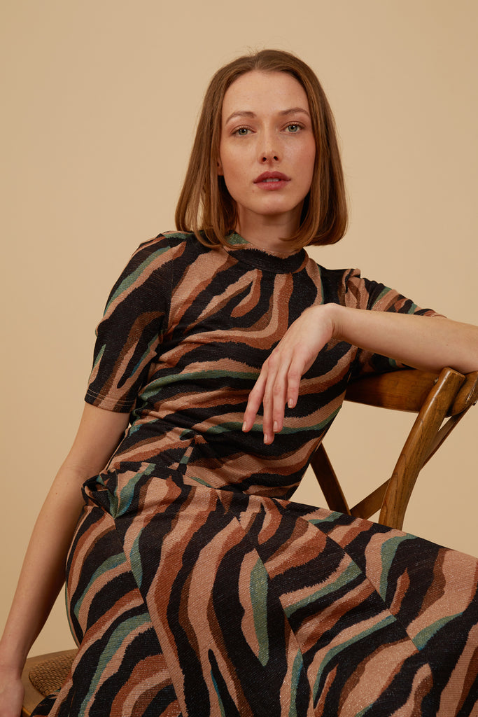 Zebra Print Brown and Blue Glittery Short Sleeve High Neck Midi Dress Sitting Model Shot