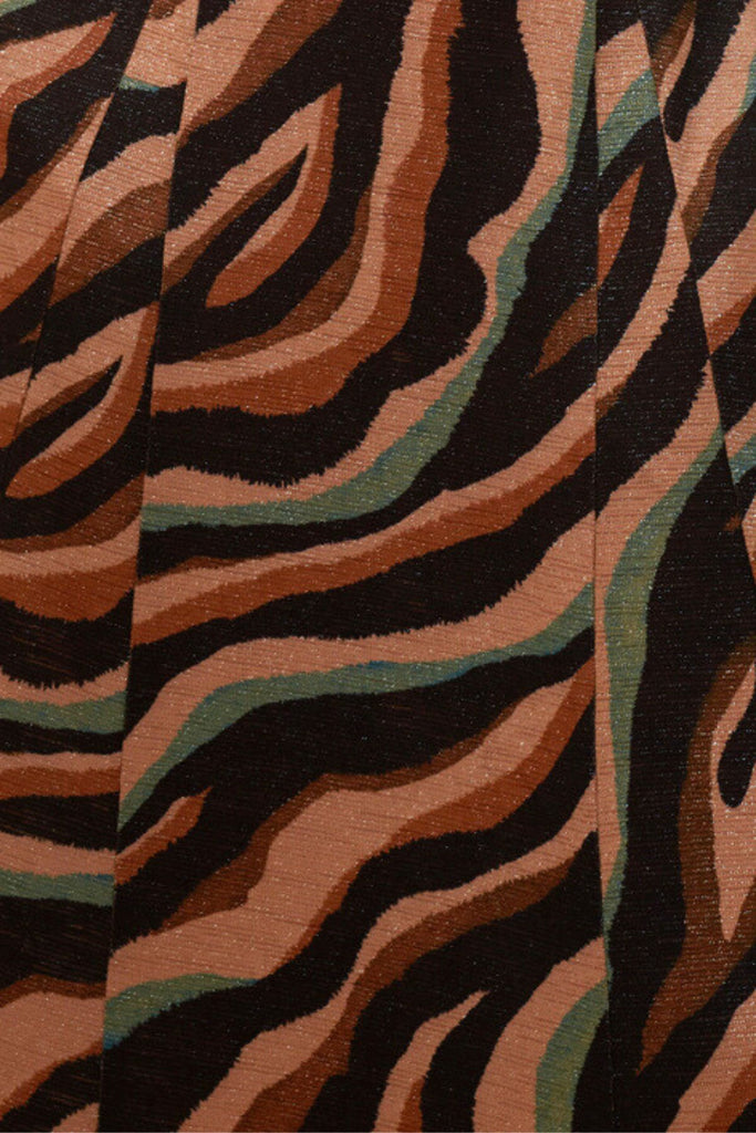 Close Up of Zebra Print Brown and Blue Glittery Midi Dress Fabric