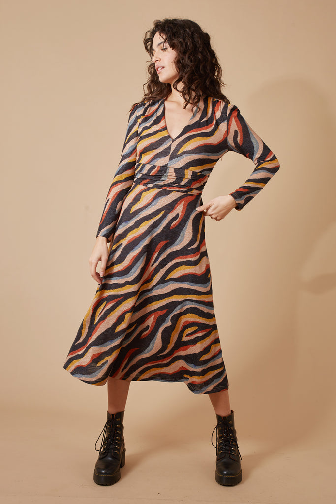 Zebra Print Multicolour Glittery Long Sleeve V Neck Tie Waist Midi Dress Front Model Shot