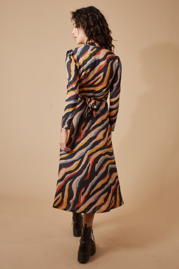 Zebra Print Multicolour Glittery Long Sleeve V Neck Tie Waist Midi Dress Back Model Shot